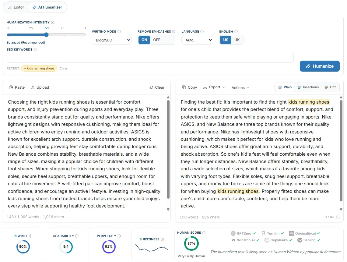 Humanized blog content in a natural voice with the protected SEO keyword highlighted in the output