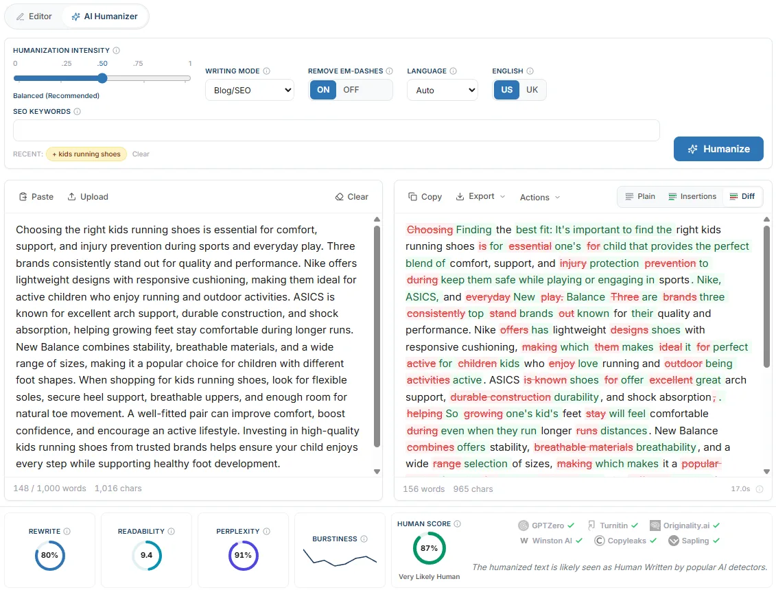 Reviewing the humanized article in a tracked-changes view before publishing