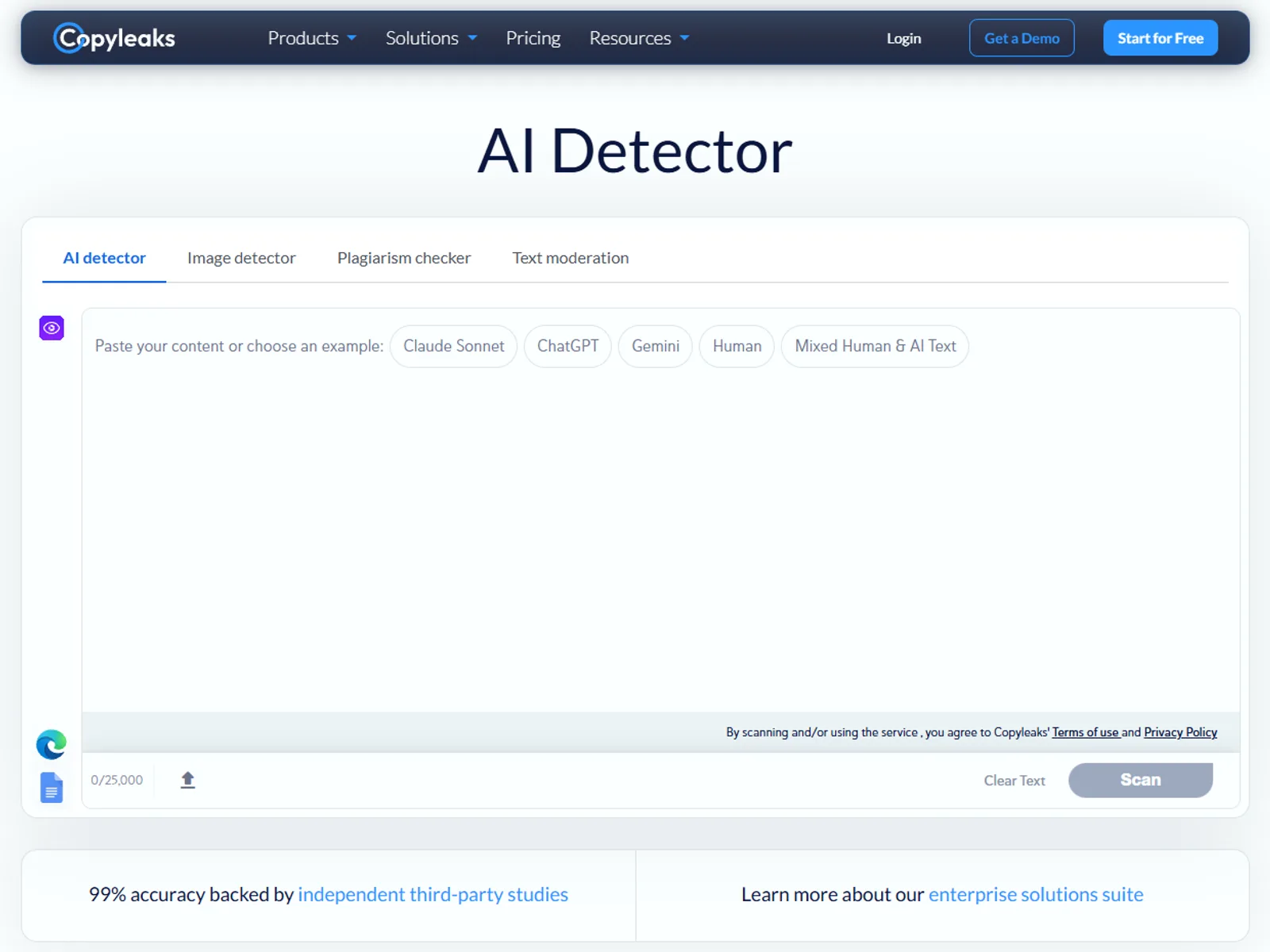 Copyleaks' AI Detector page, with the paste box, example texts and the 25,000-character counter