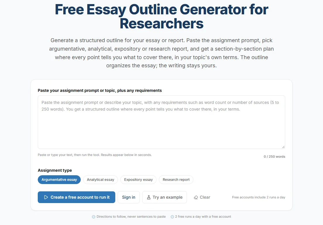 ProofreaderPro.ai essay outline generator, with a box for the assignment prompt and a choice of argumentative, analytical, expository or research report