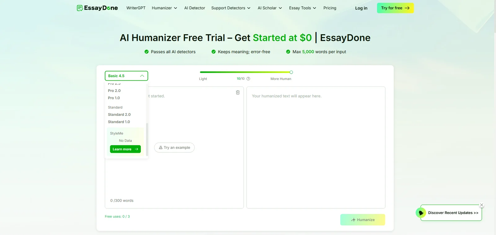 EssayDone's AI humanizer page, with a model menu, an intensity slider and the input and output panes