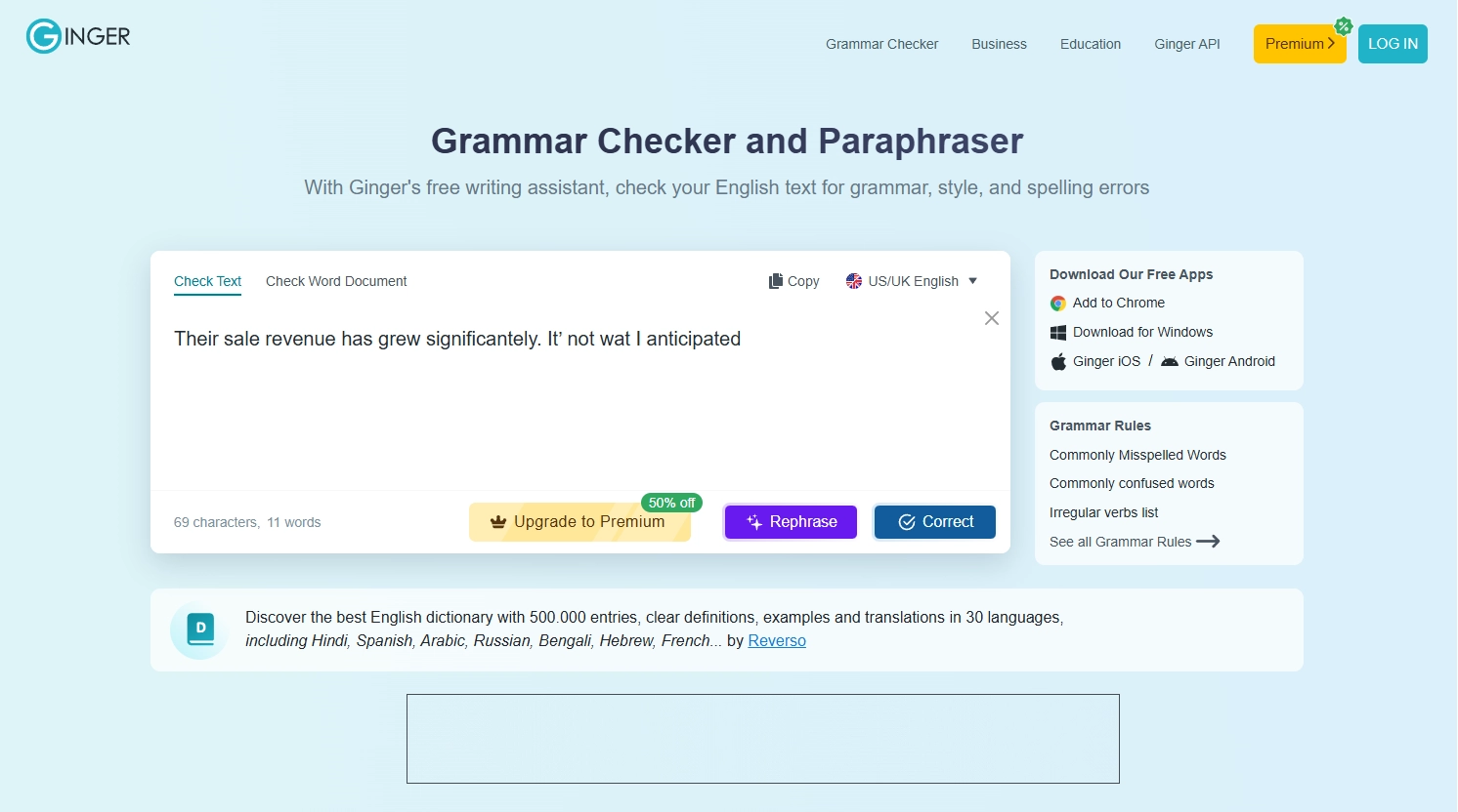 सुधार और पुनर्लेखन विकल्पों के साथ नमूना वाक्य दिखाने वाला Ginger grammar checker का होम पेज