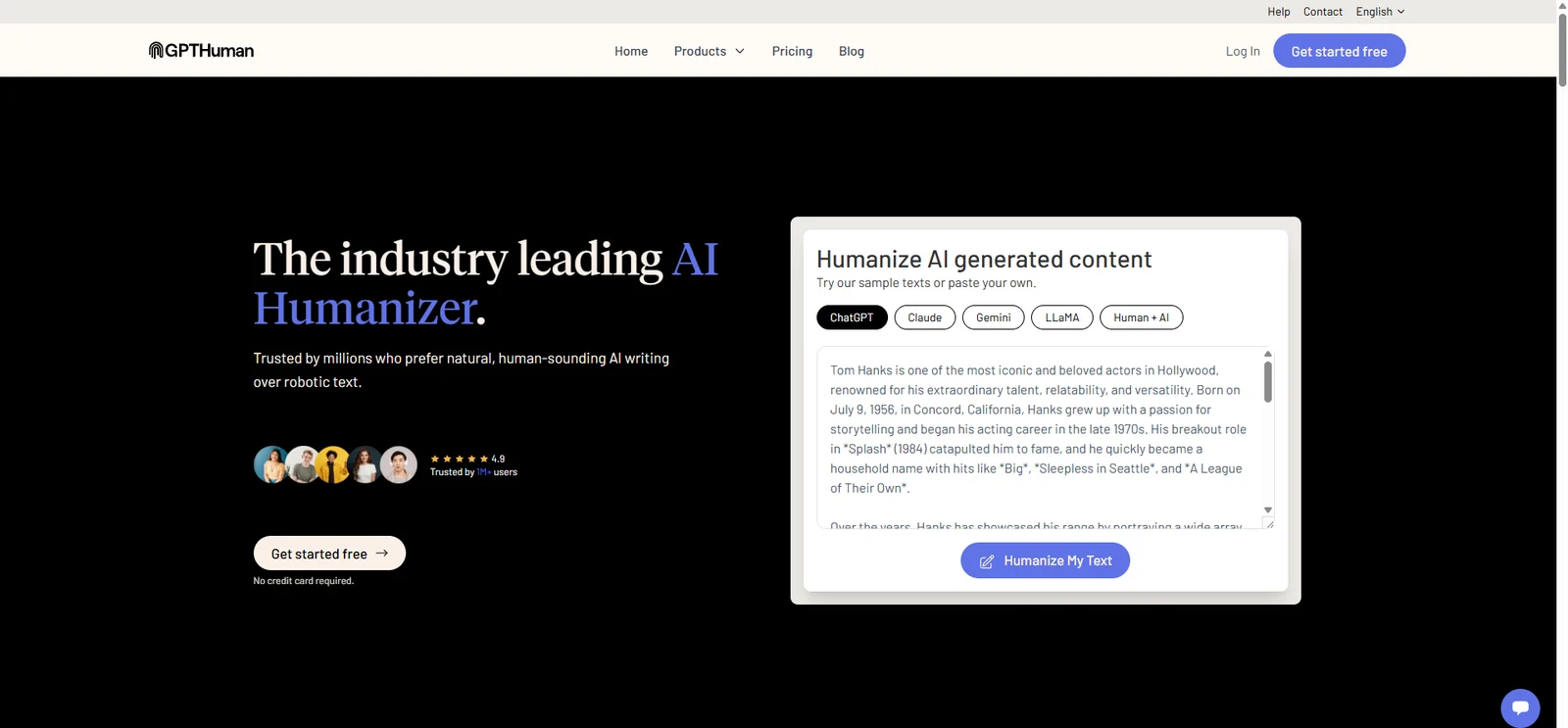 GPTHuman's homepage, with a text box for AI-generated content and a button to humanize it