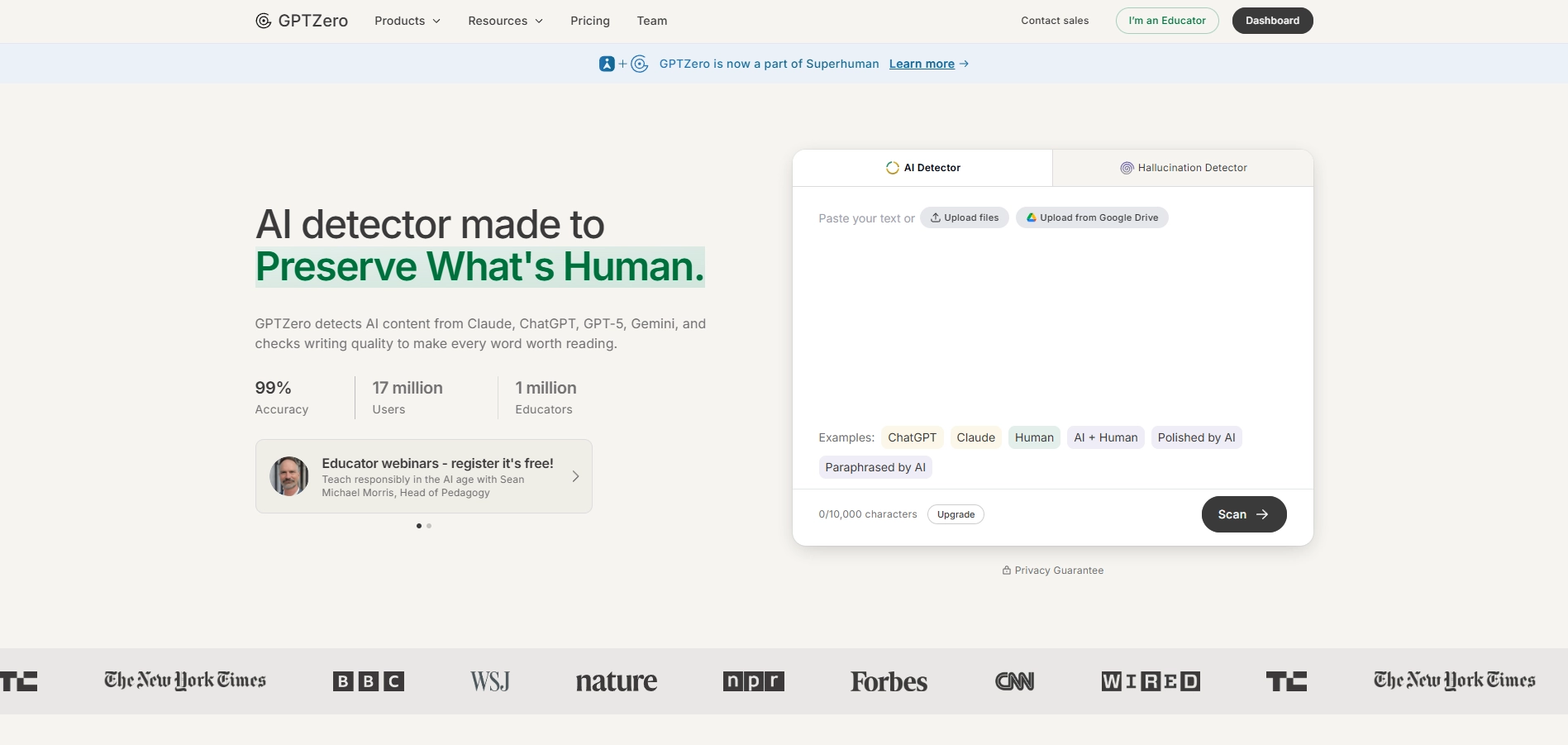 GPTZero AI detector homepage जिसमें 10,000 character scan box, file upload, Google Drive import, और ChatGPT, Claude, human, और mixed text के example buttons हैं