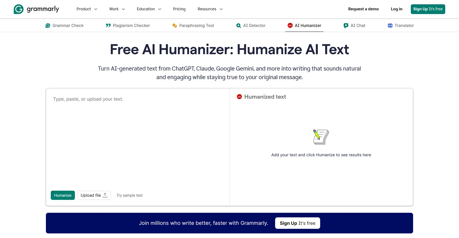 صفحه رایگان Grammarly AI Humanizer که شامل یک کادر متن خالی، دکمه های Humanize، Upload file و Try sample text و یک پنل متن Humanized است