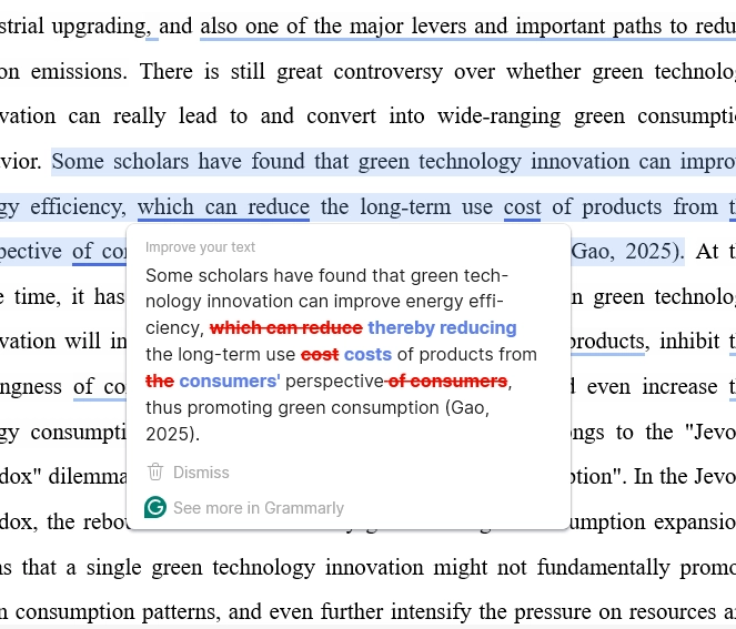 Grammarly सुझाव कार्ड, human written green technology manuscript पर, which can reduce को thereby reducing से बदलते हुए और the consumers perspective को reword करते हुए
