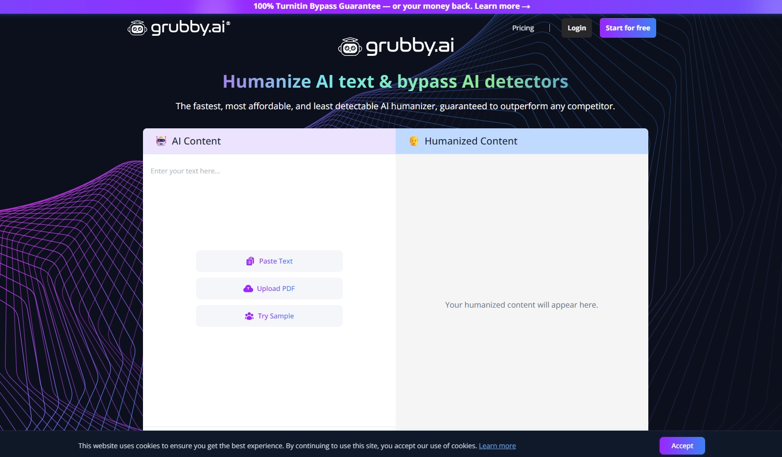 Grubby AI humanizer में empty AI Content और Humanized Content panes हैं, साथ में paste, PDF upload, और sample options दिए गए हैं