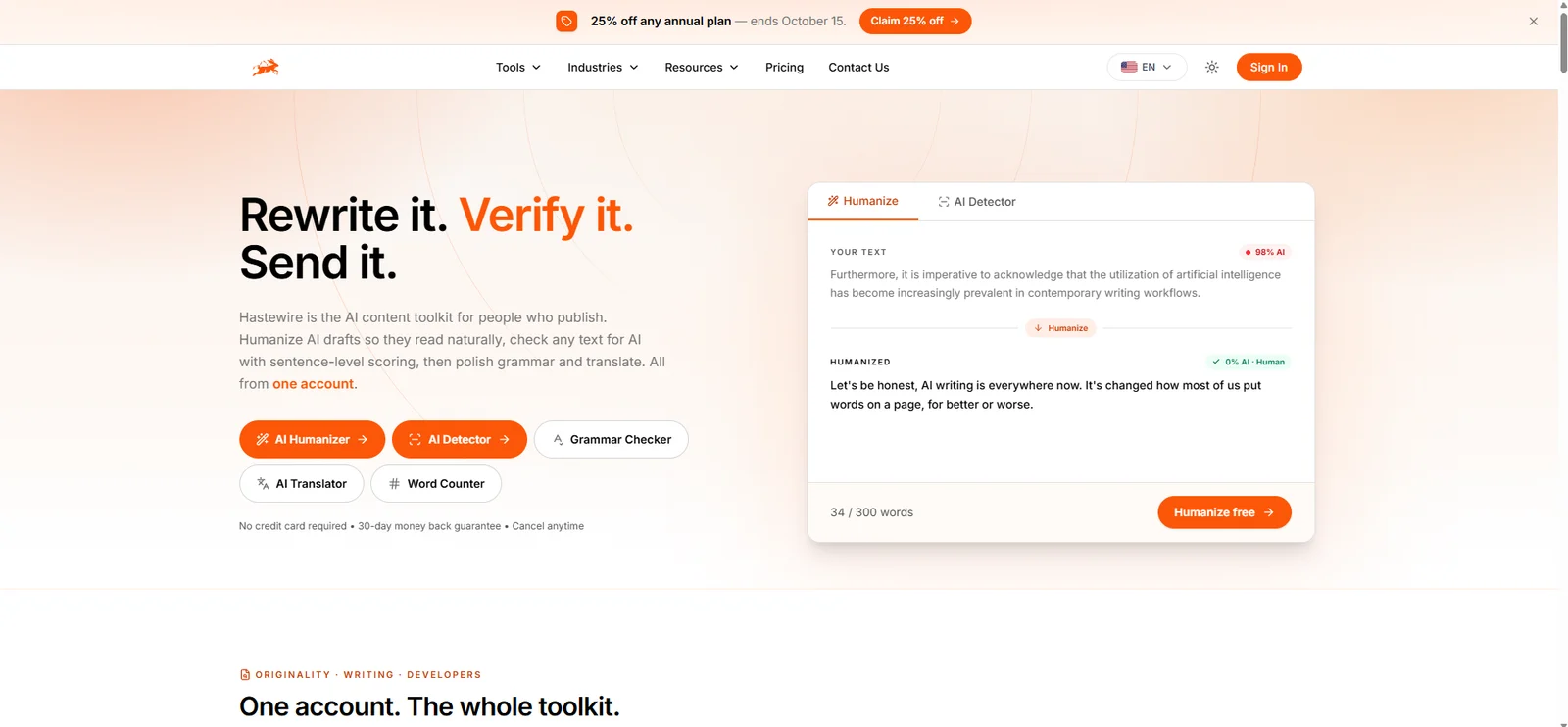 Hastewire's homepage, with the AI Humanizer and AI Detector tabs, a before-and-after example and a Humanize button
