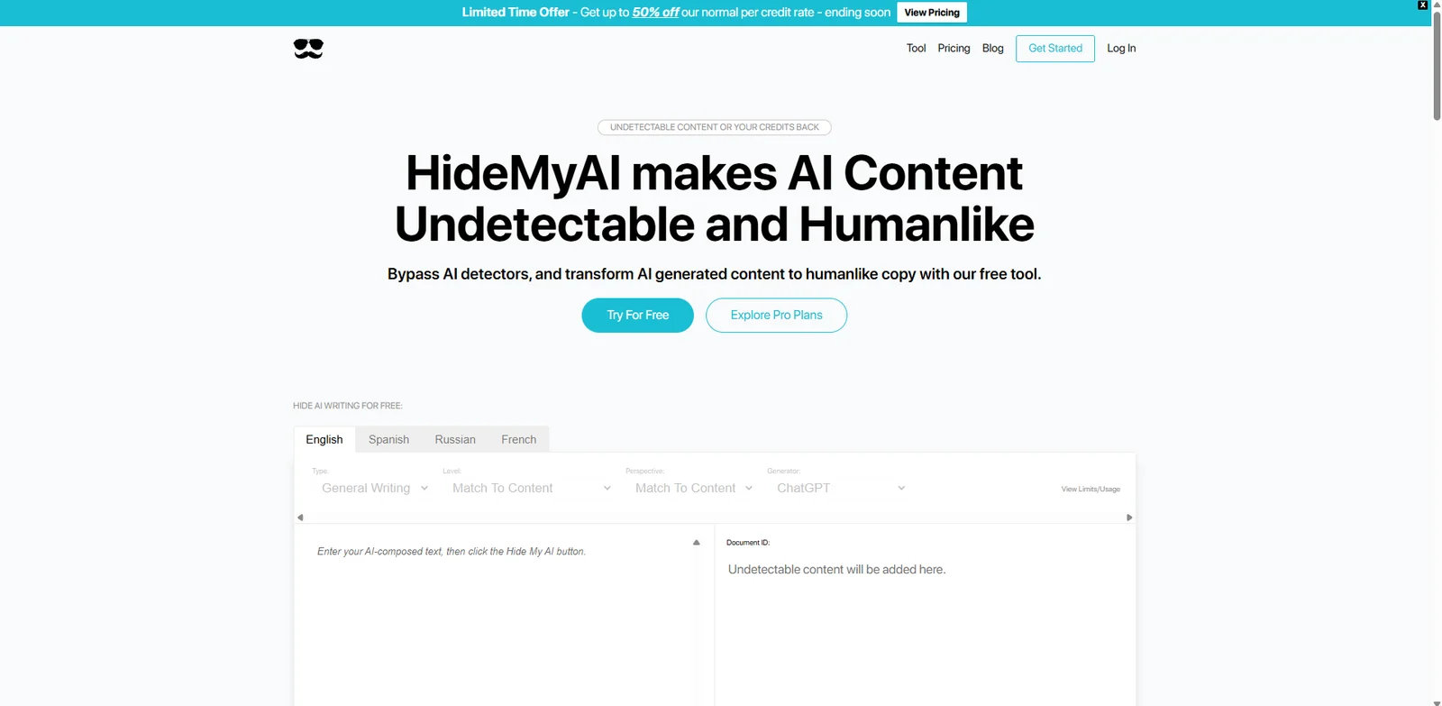 HideMyAI's homepage, with language tabs, rewrite settings and the input and output boxes