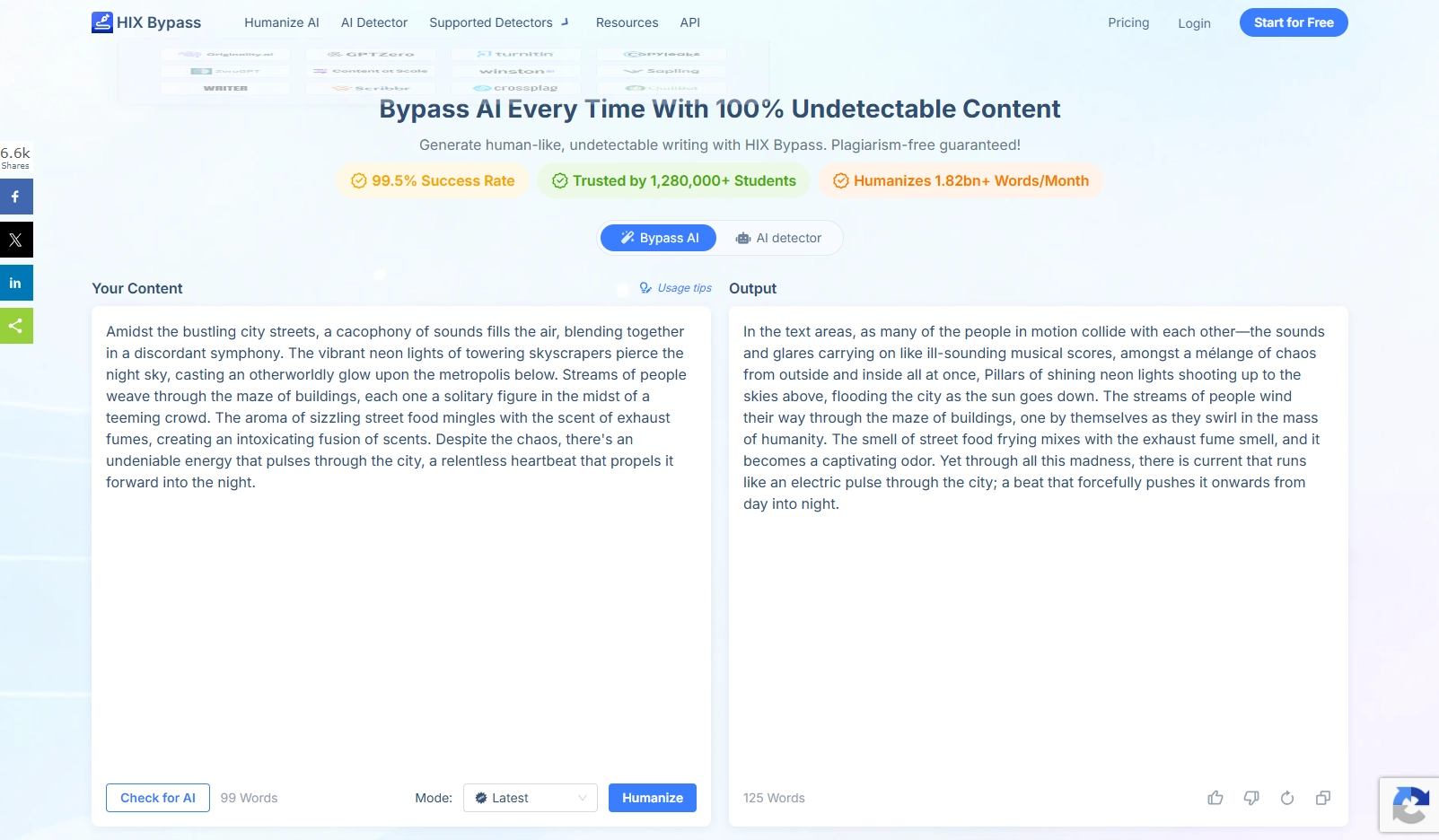 HIX Bypass humanizing a city street description in Latest mode, with the rewritten output shown beside the original