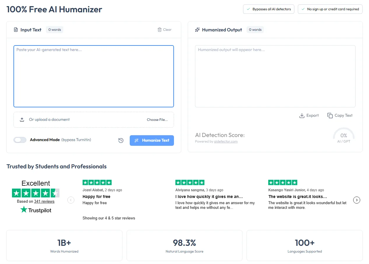 Humanize.ai page headed 100% Free AI Humanizer, with an Input Text box, a document upload, an Advanced Mode toggle, a Humanize Text button, a Humanized Output box with Export and Copy Text, and an AI Detection Score powered by aidetector.com