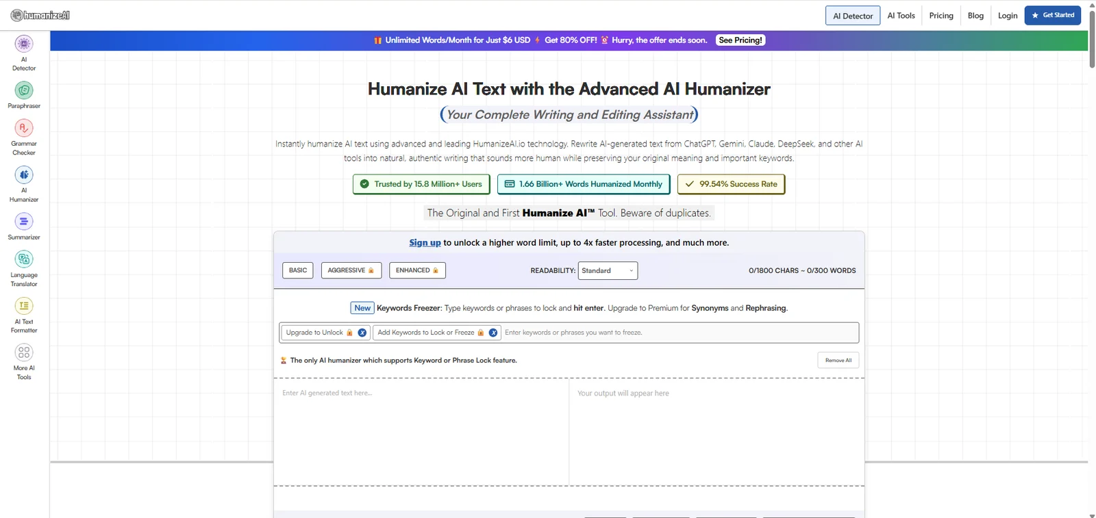 HumanizeAI.io's humanizer page, with mode, style and keyword freezer settings above the input and output boxes