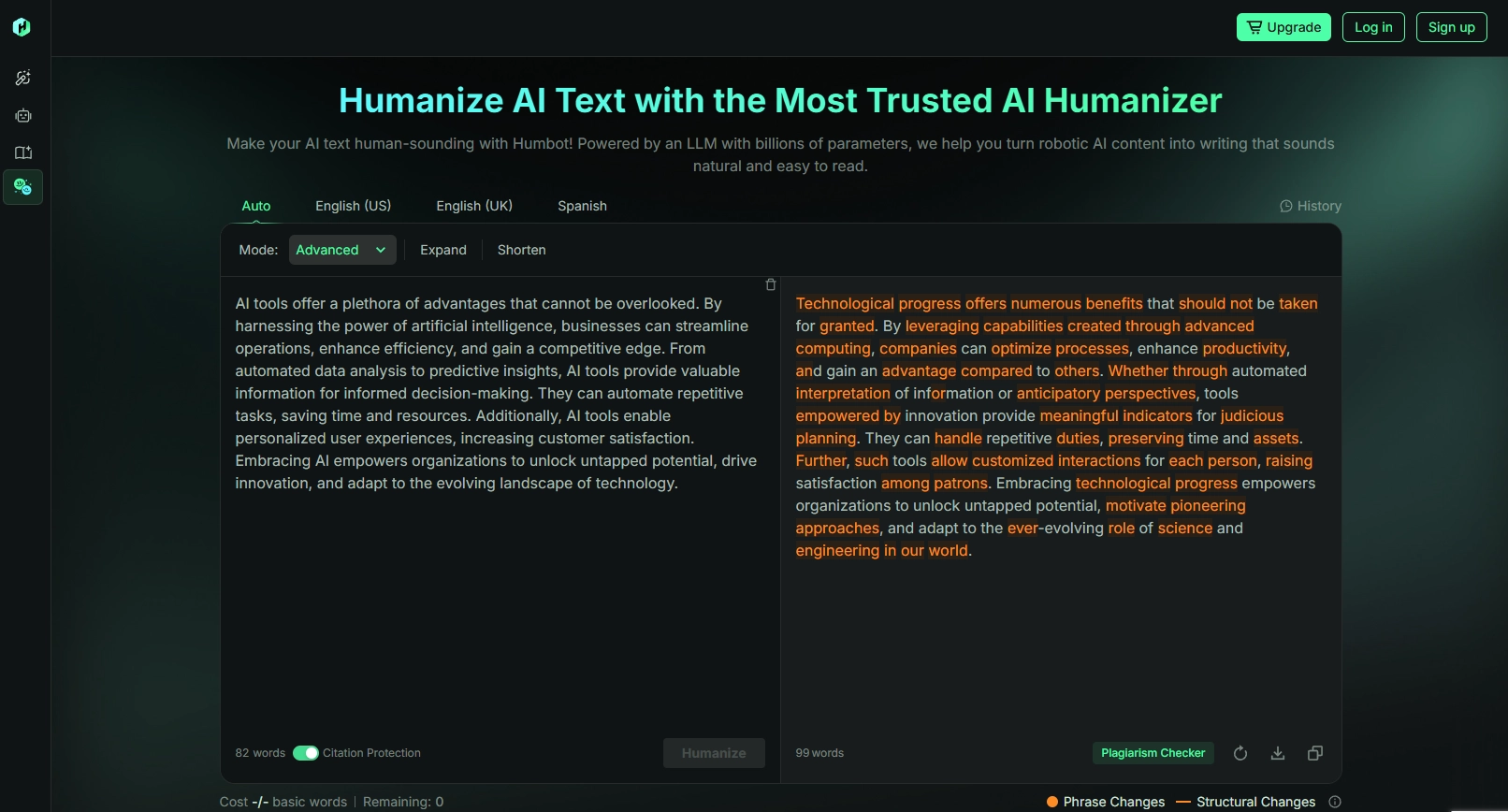 Humbot Advanced mode में AI-tools पैराग्राफ को humanize करता हुआ, जिसमें आउटपुट में phrase और structural changes highlighted हैं
