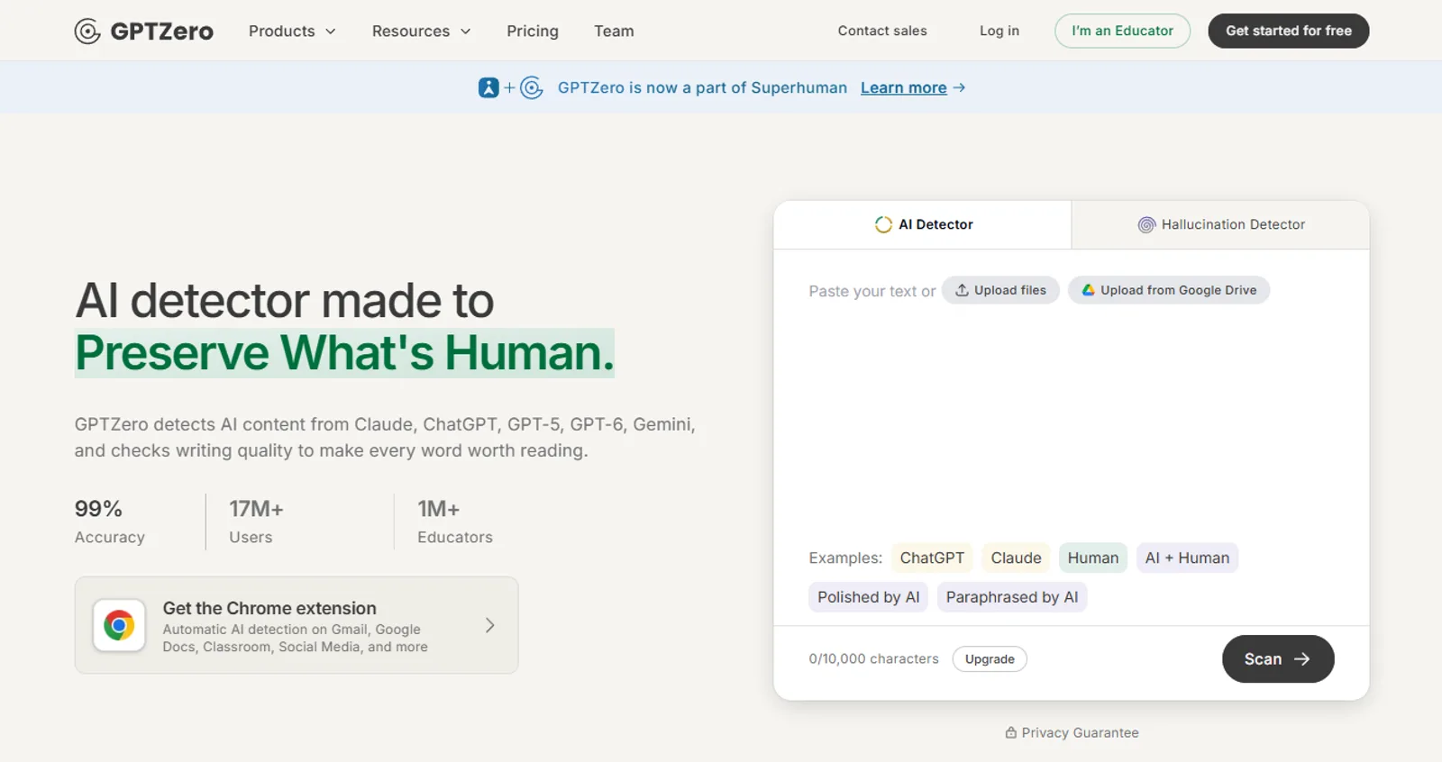 GPTZero's home page with its AI detector, the 99% accuracy claim and the 10,000-character free scan box
