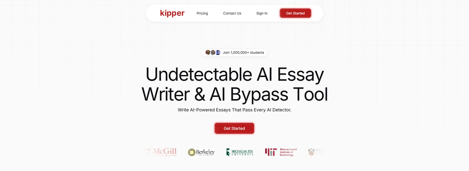 Kipper's homepage, with its essay writer headline, a Get Started button and a row of university logos