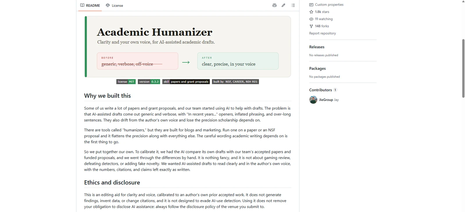 MorphMind's Academic Humanizer repository on GitHub, with the README banner and the Why we built this section