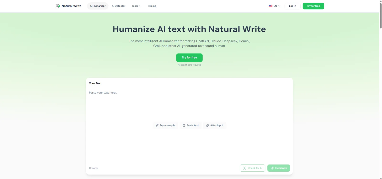 Natural Write's homepage, with the humanizer text box and buttons to try a sample, paste text or attach a PDF