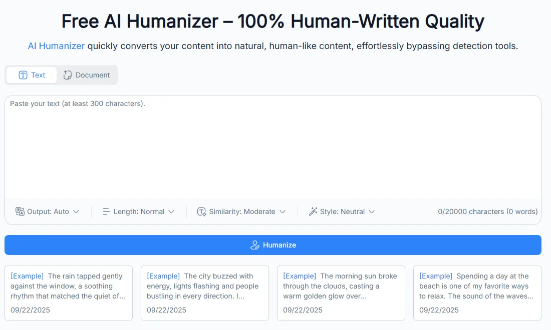 NoteGPT AI Humanizer page with Text and Document tabs, a box that asks for at least 300 characters, Output, Length, Similarity and Style settings, a 20,000 character counter and a Humanize button