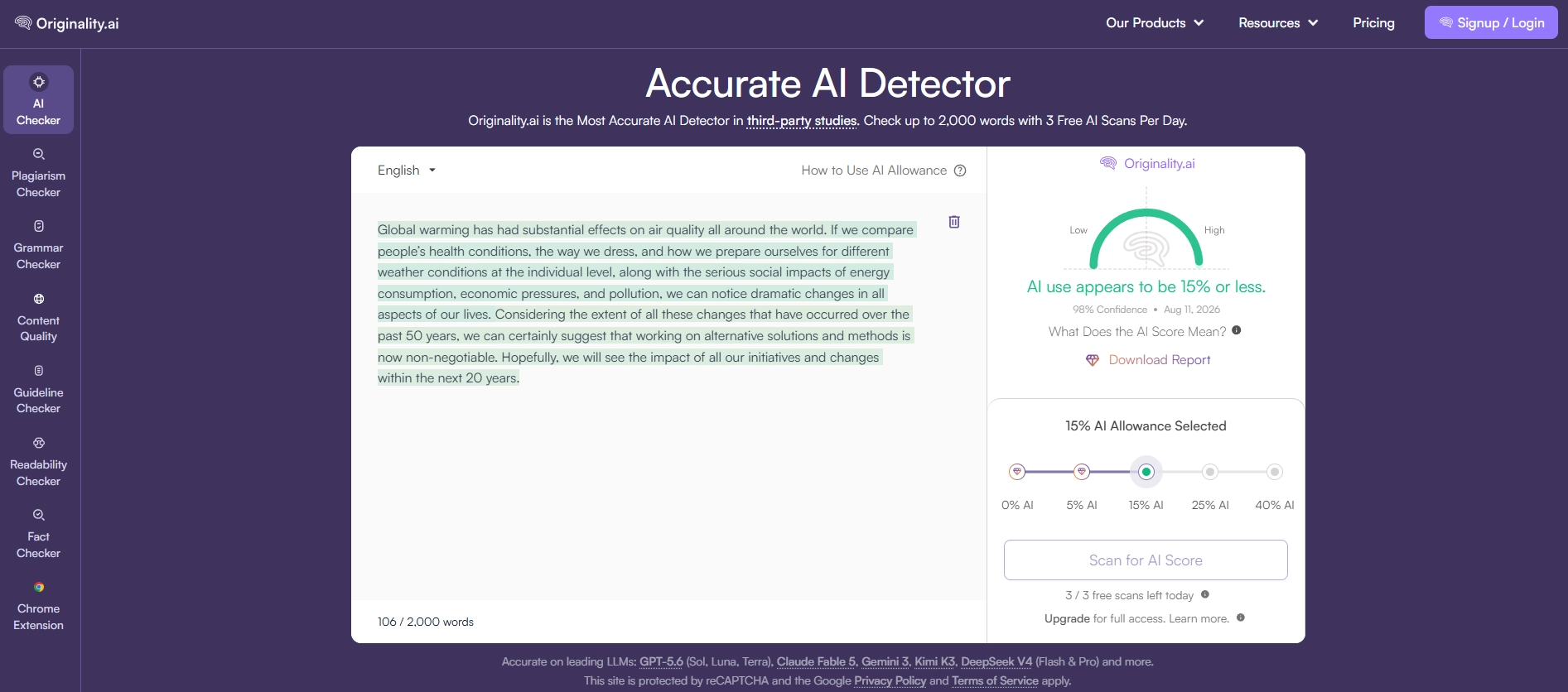 Originality.ai AI checker जो 106 word global warming paragraph को scan कर रहा है और बता रहा है कि AI use 98% confidence पर 15% या उससे कम लगता है, साथ ही रोज 3 free scans भी हैं