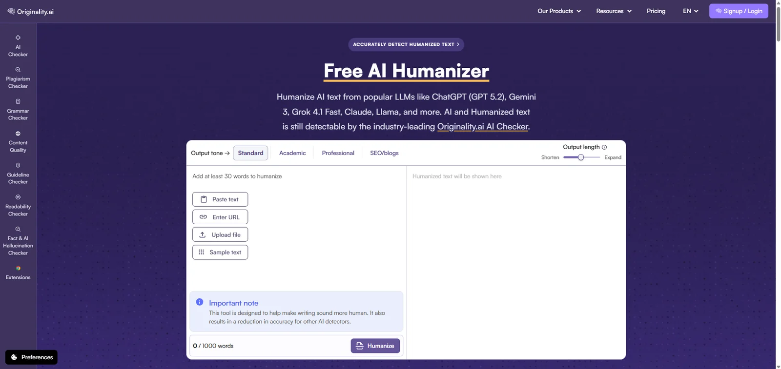 Originality.ai's Free AI Humanizer page, with output tone tabs, an output length setting and options to paste text, enter a URL or upload a file