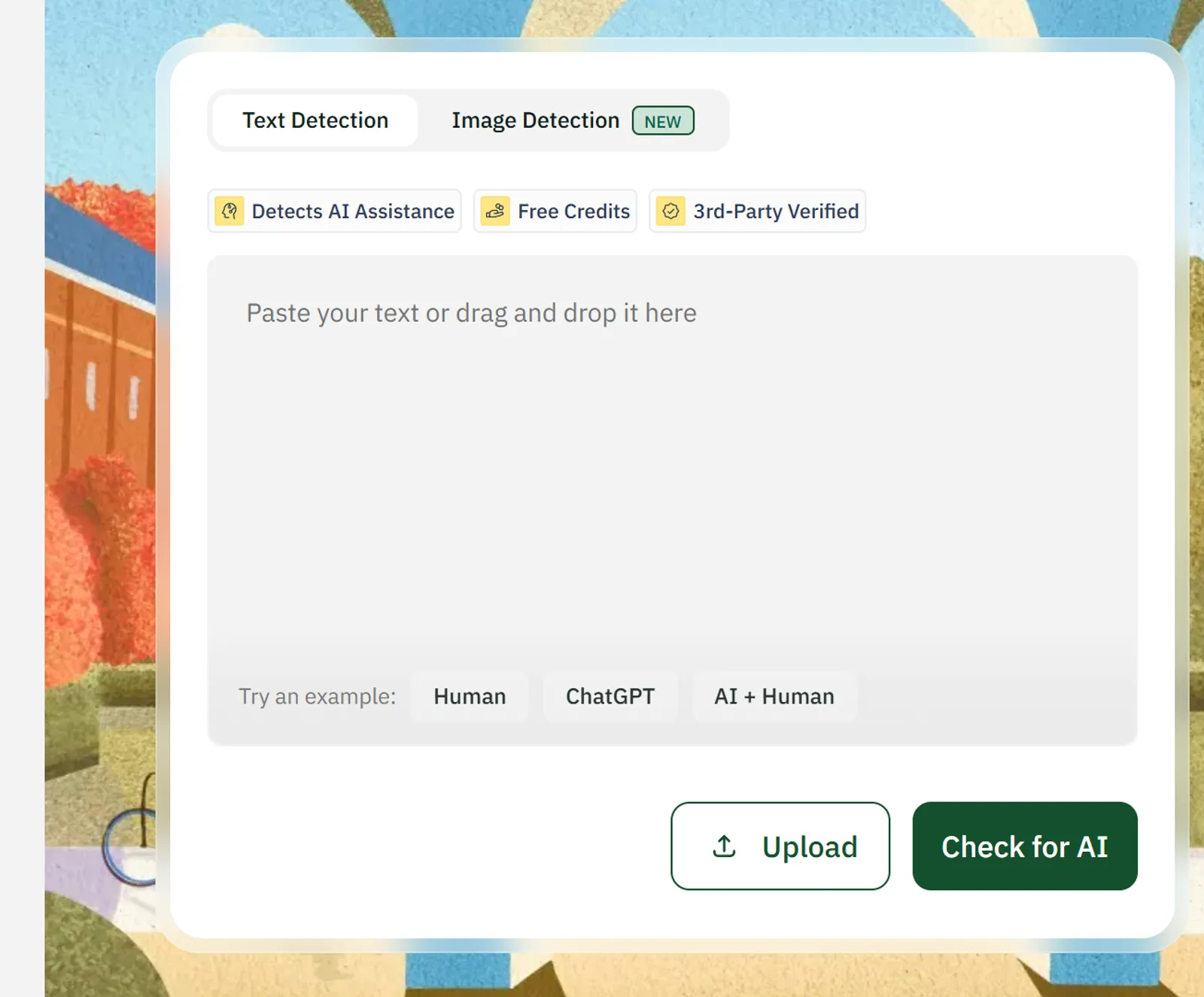 Pangram's AI detector tool showing the paste-text box, free-credit and 3rd-party-verified badges, and the Check for AI button