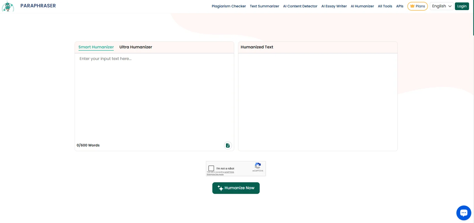 Paraphraser.io's AI humanizer page, with Smart Humanizer and Ultra Humanizer tabs, a text box and a Humanize Now button