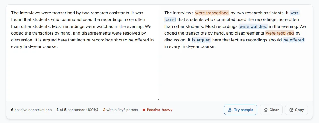 ProofreaderPro.ai passive voice checker highlighting six passive constructions in a five-sentence paragraph, with the two that have a by phrase marked in amber
