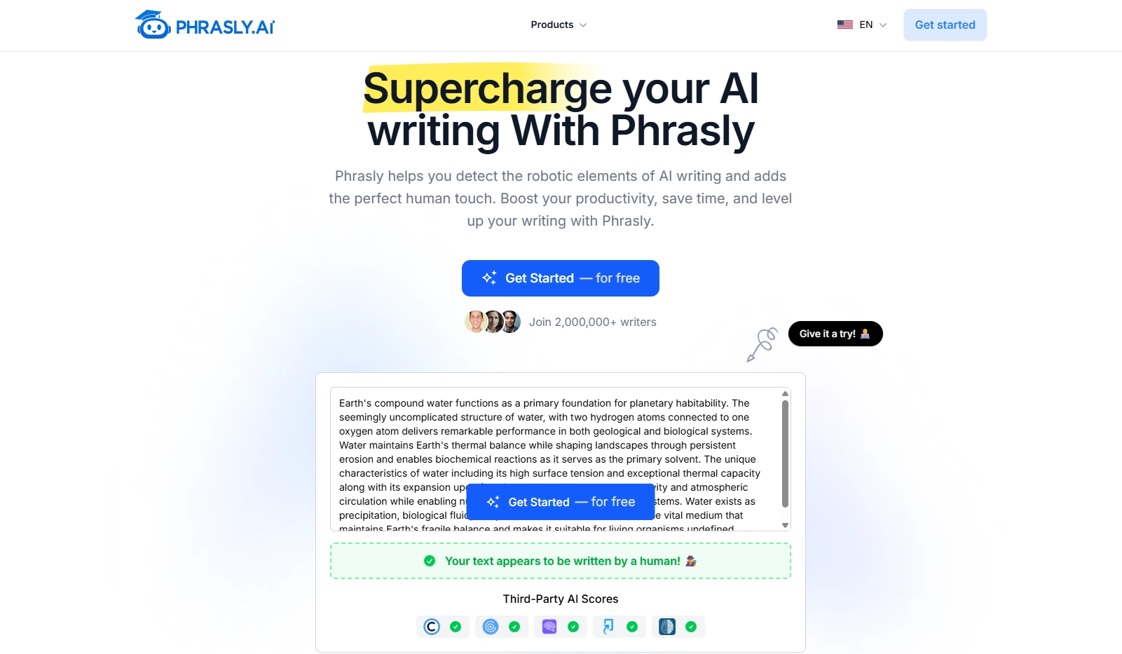 Phrasly होमपेज पर water science का एक paragraph demo box में है, जिसे human-written के रूप में green third-party AI score checks के साथ flagged दिखाया गया है