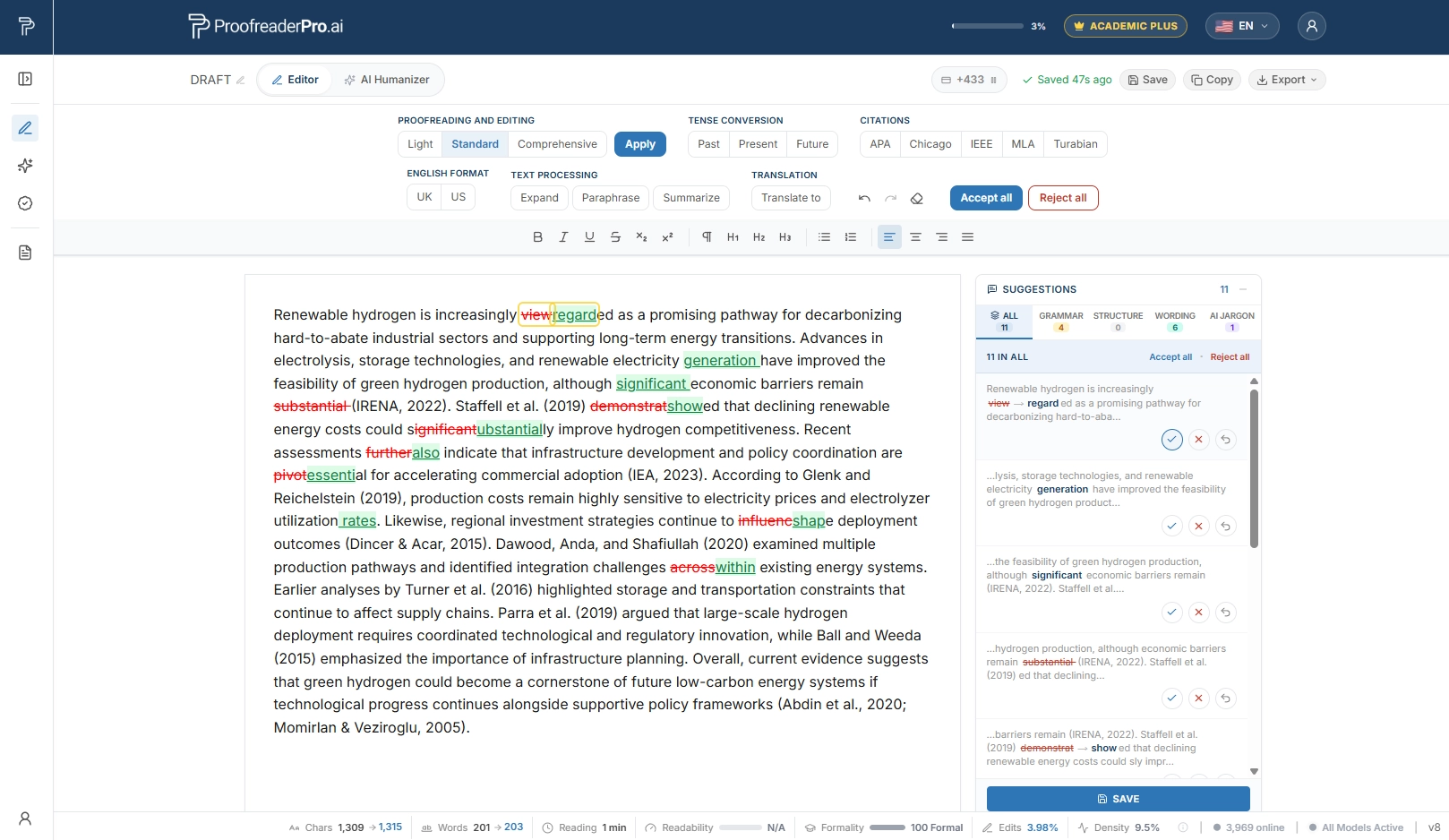 ProofreaderPro.ai संपादक स्टैंडर्ड मोड में एक नवीकरणीय हाइड्रोजन शोध अनुच्छेद का प्रूफरीड करते हुए, जिसमें हर सुधार ट्रैक्ड चेंज के रूप में दिखाया गया है और सुझाव पैनल व्याकरण, शब्दावली, और AI jargon सुधारों को फ़िल्टर कर रहा है