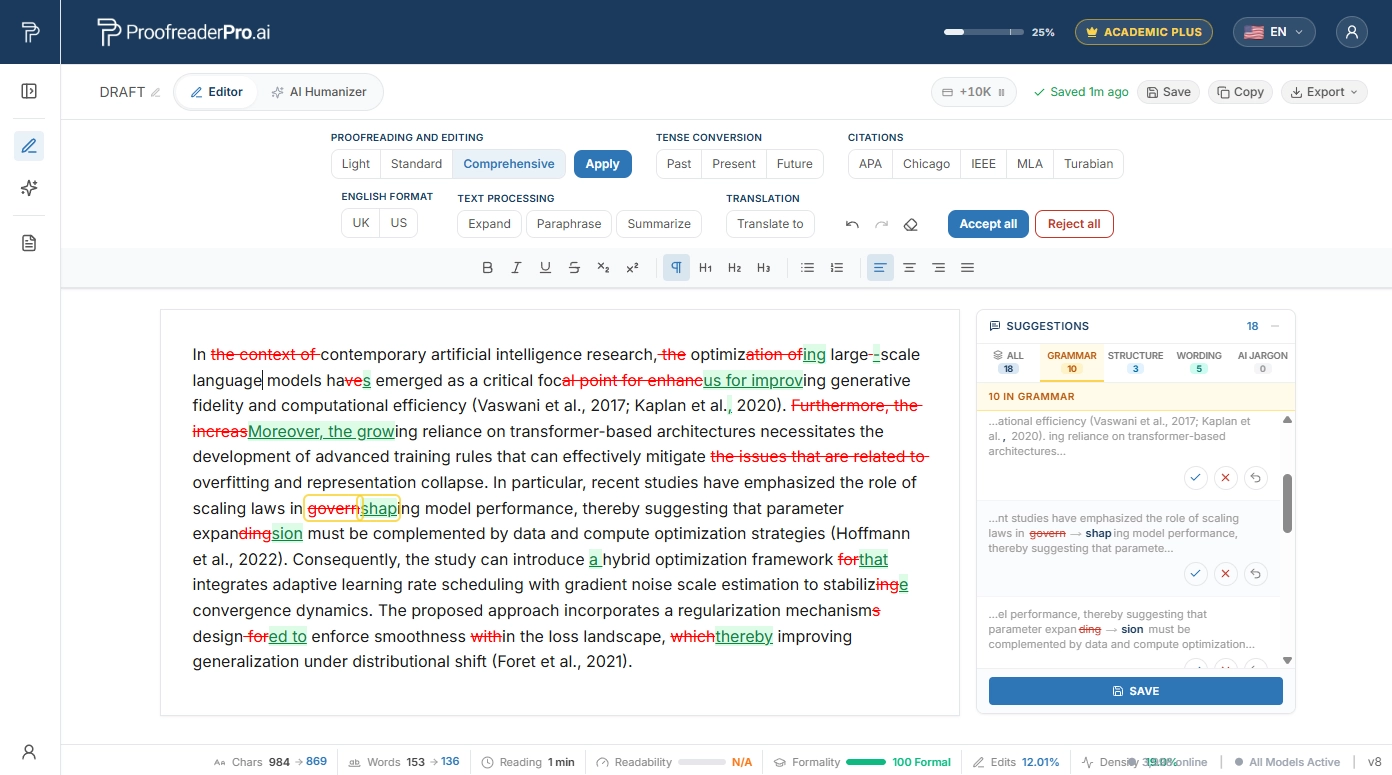 ProofreaderPro.ai editor जो Comprehensive mode में AI research paragraph proofread कर रहा है, जिसमें grammar, structure, और wording के across 18 tracked change suggestions हैं, साथ ही APA से Turabian तक citation styles और accept all or reject all controls हैं