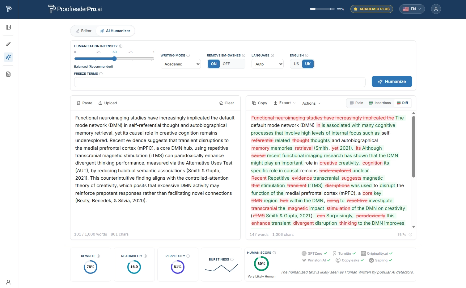 ProofreaderPro.ai AI Humanizer rewriting a neuroscience paragraph in Academic mode at Balanced intensity, with every edit shown as a tracked change and an 89% human score passing GPTZero, Turnitin, Originality.ai, Winston AI, and Sapling