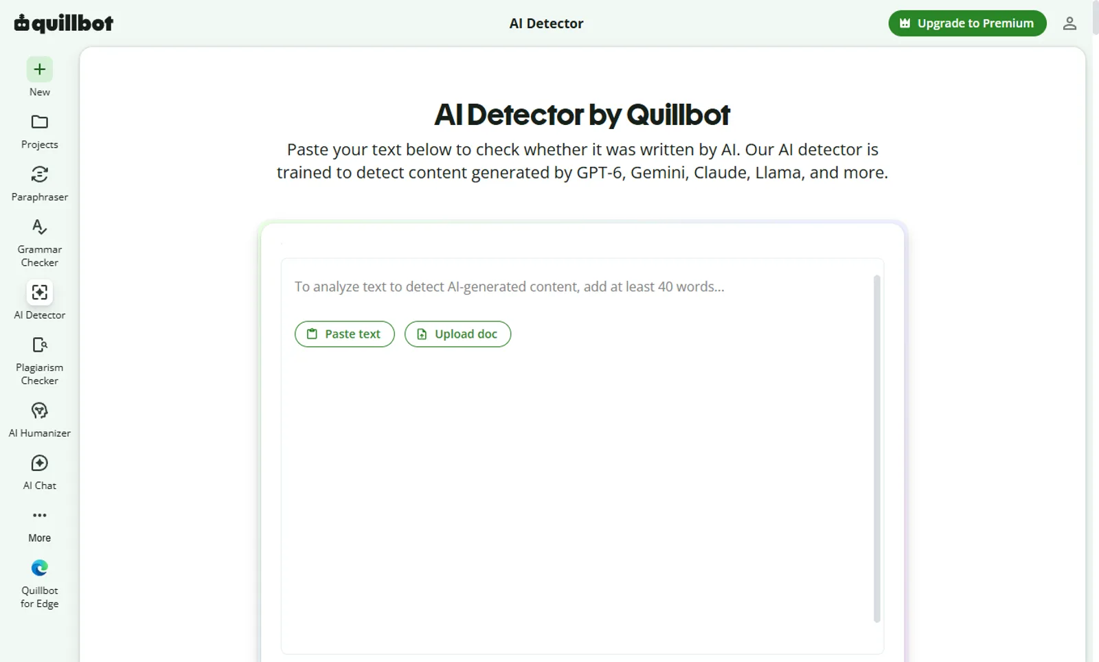 QuillBot's AI Detector page, showing the paste-text box and the prompt to add text for scanning
