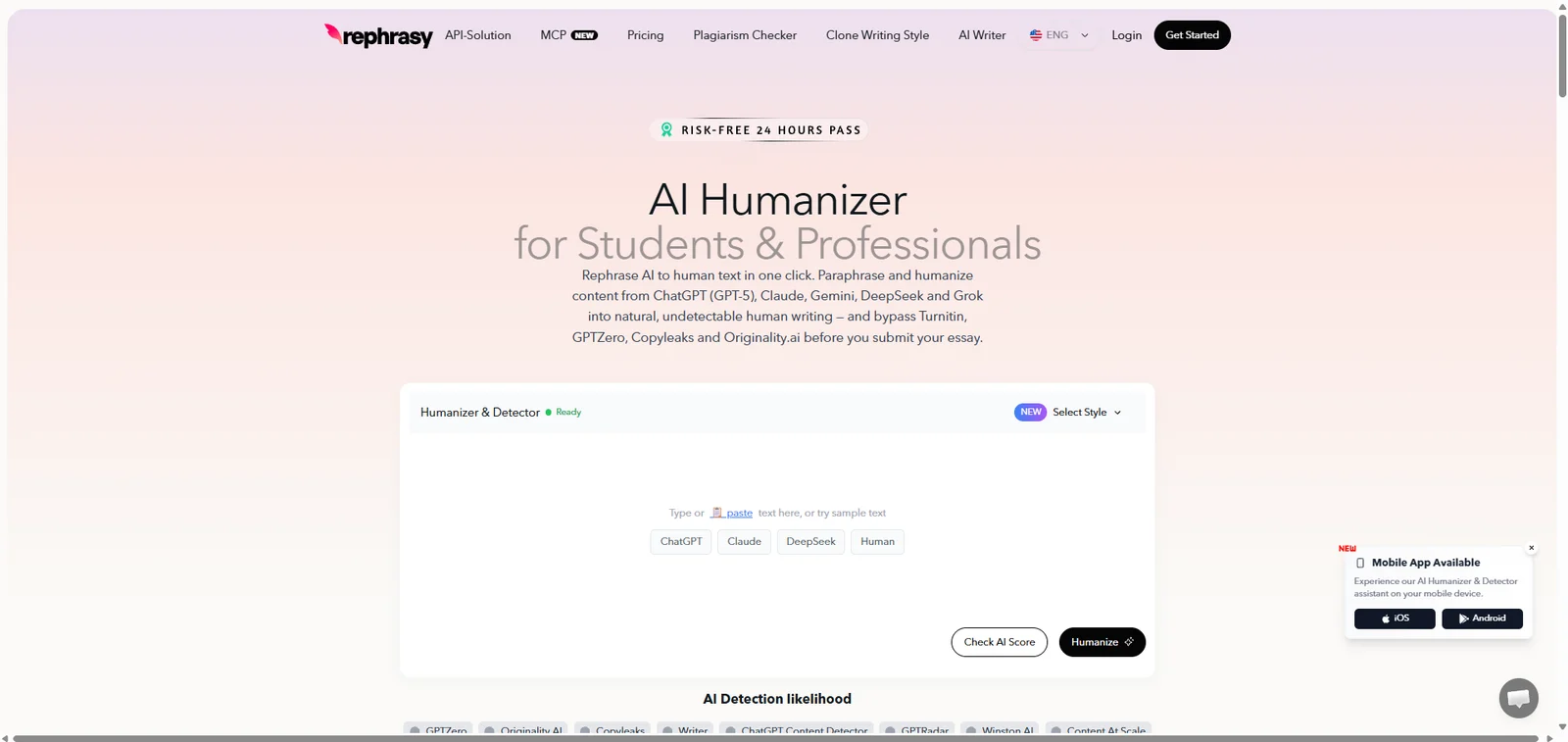 Rephrasy's AI humanizer page for students and professionals, with the Humanizer and Detector panel
