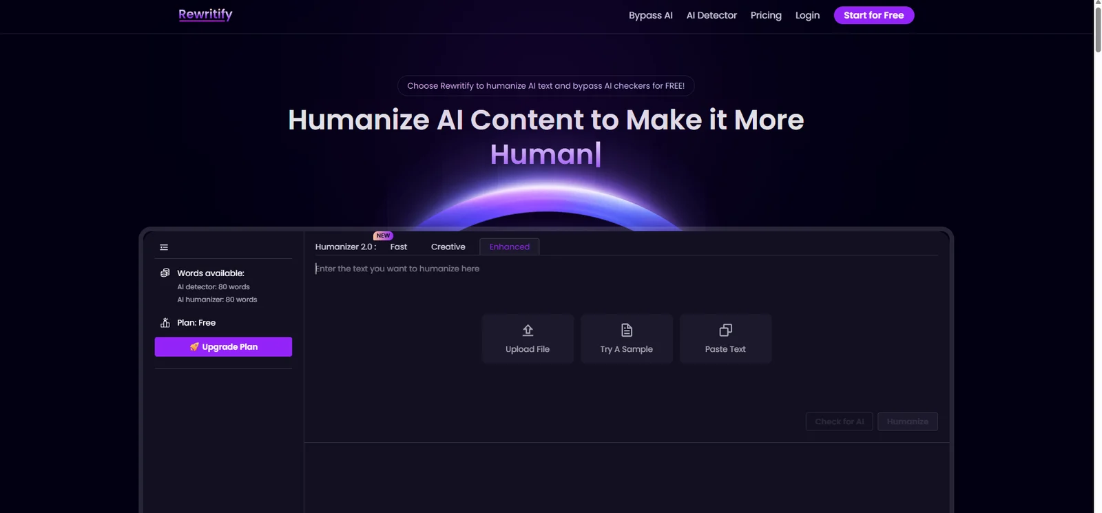 Rewritify's humanizer page, with its mode tabs, word balance and buttons to upload a file, try a sample or paste text