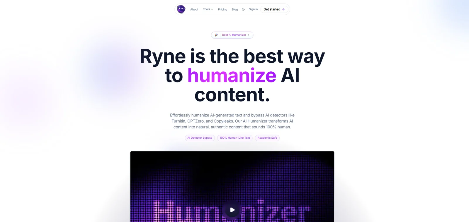 Ryne's homepage, with its headline about humanizing AI content and a video preview of the humanizer