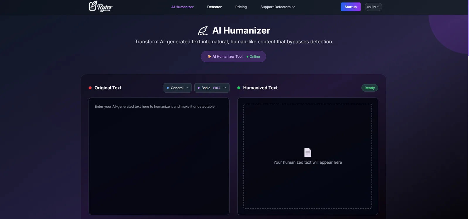 Ryter's AI Humanizer page, with mode and language menus and the original and humanized text panes
