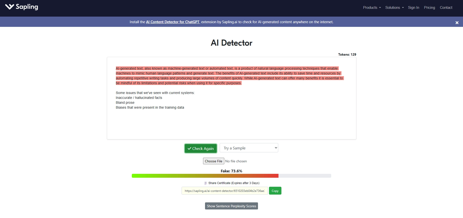 Sapling AI detector जो AI generated paragraph को red में highlight कर रहा है और उसे 73.6% fake स्कोर दे रहा है, साथ ही sentence perplexity scores दिखाने का button है