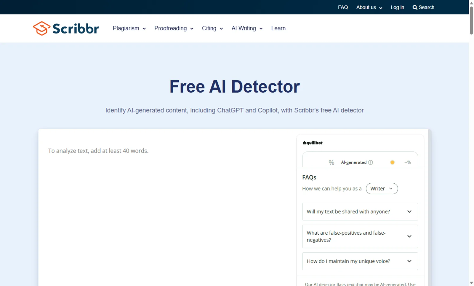 Scribbr's free AI Detector page, with the text box, a QuillBot label above the AI-generated score field, and the tool's FAQ list