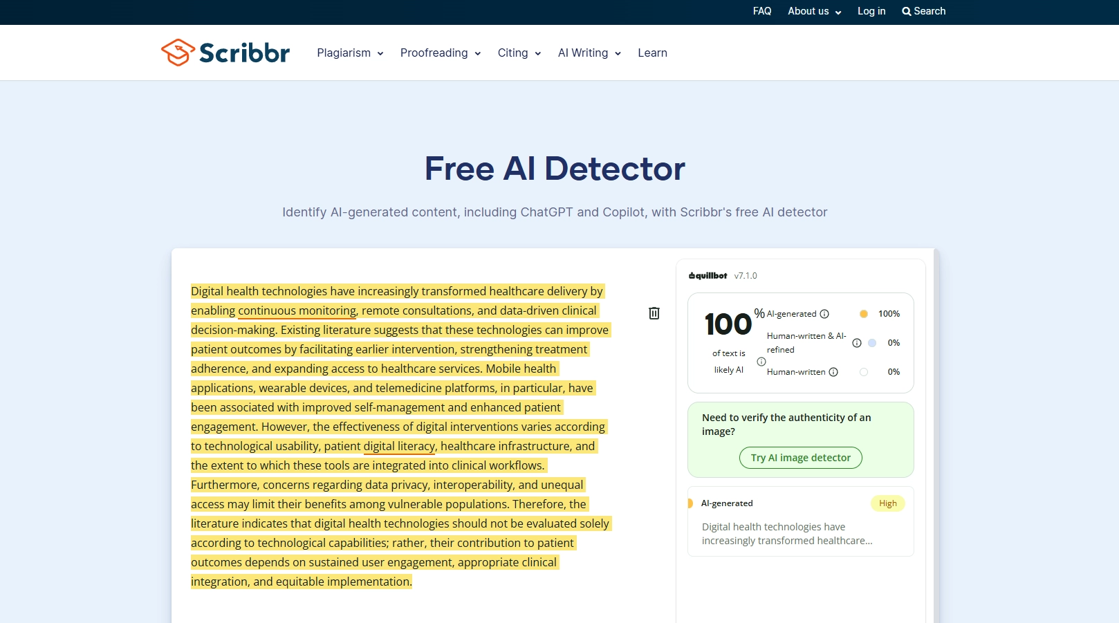 Scribbr free AI detector, powered by QuillBot, जो digital health passage को 100% likely AI और zero percent human written रेट कर रहा है