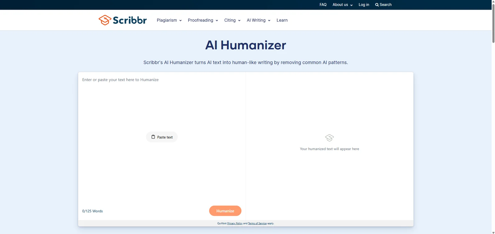 Scribbr's AI Humanizer page, with a text box, a word counter and an orange Humanize button