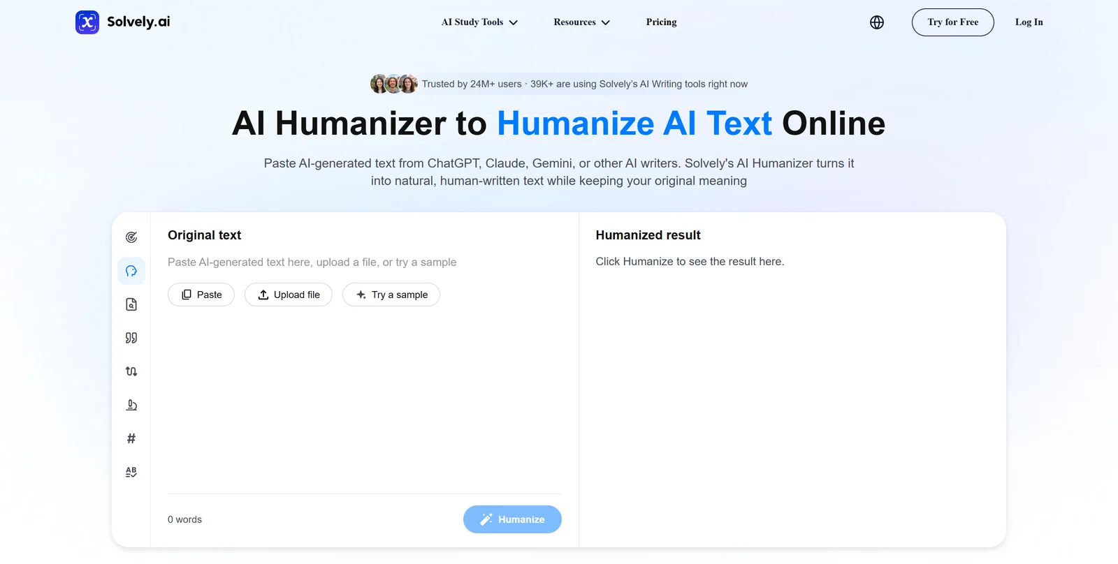 Solvely's AI Humanizer page, with Original text and Humanized result panes, Paste, Upload file and Try a sample buttons, a word counter and a Humanize button