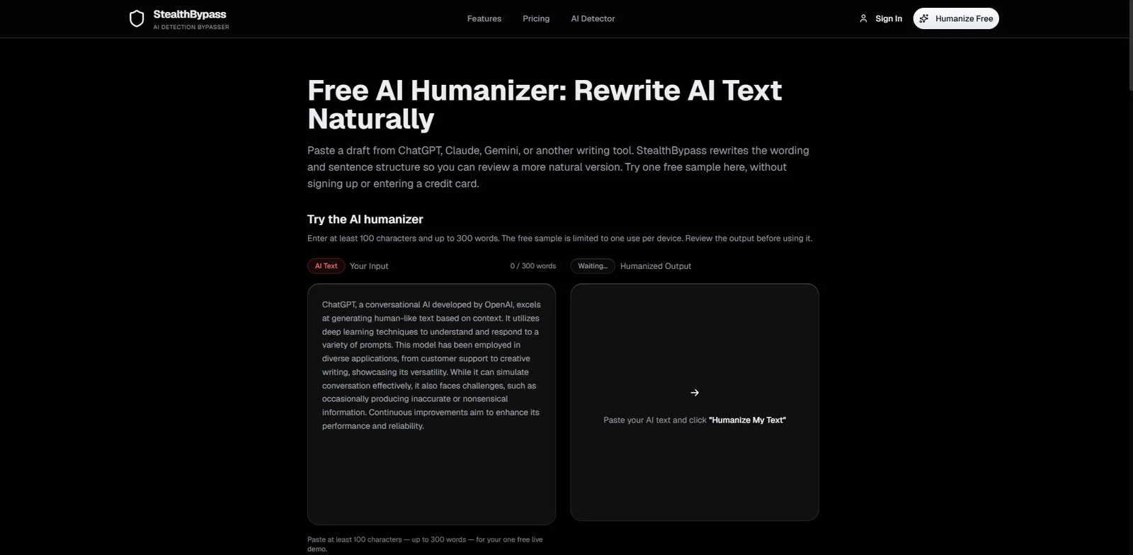 StealthBypass's free AI humanizer page, with a sample AI text and an empty output pane next to it