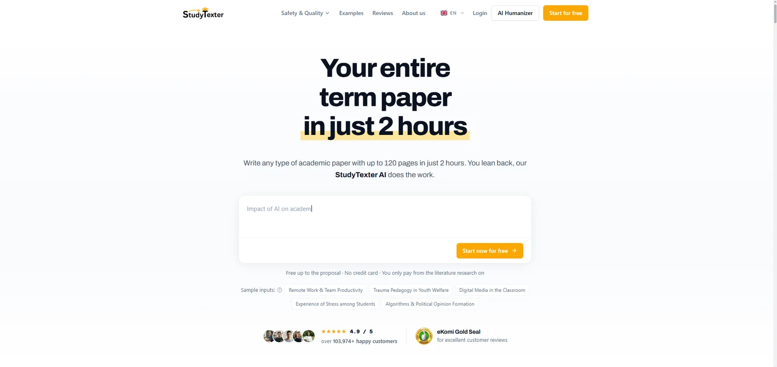 StudyTexter's homepage, which offers a term paper written from your topic, with a topic box and a start button
