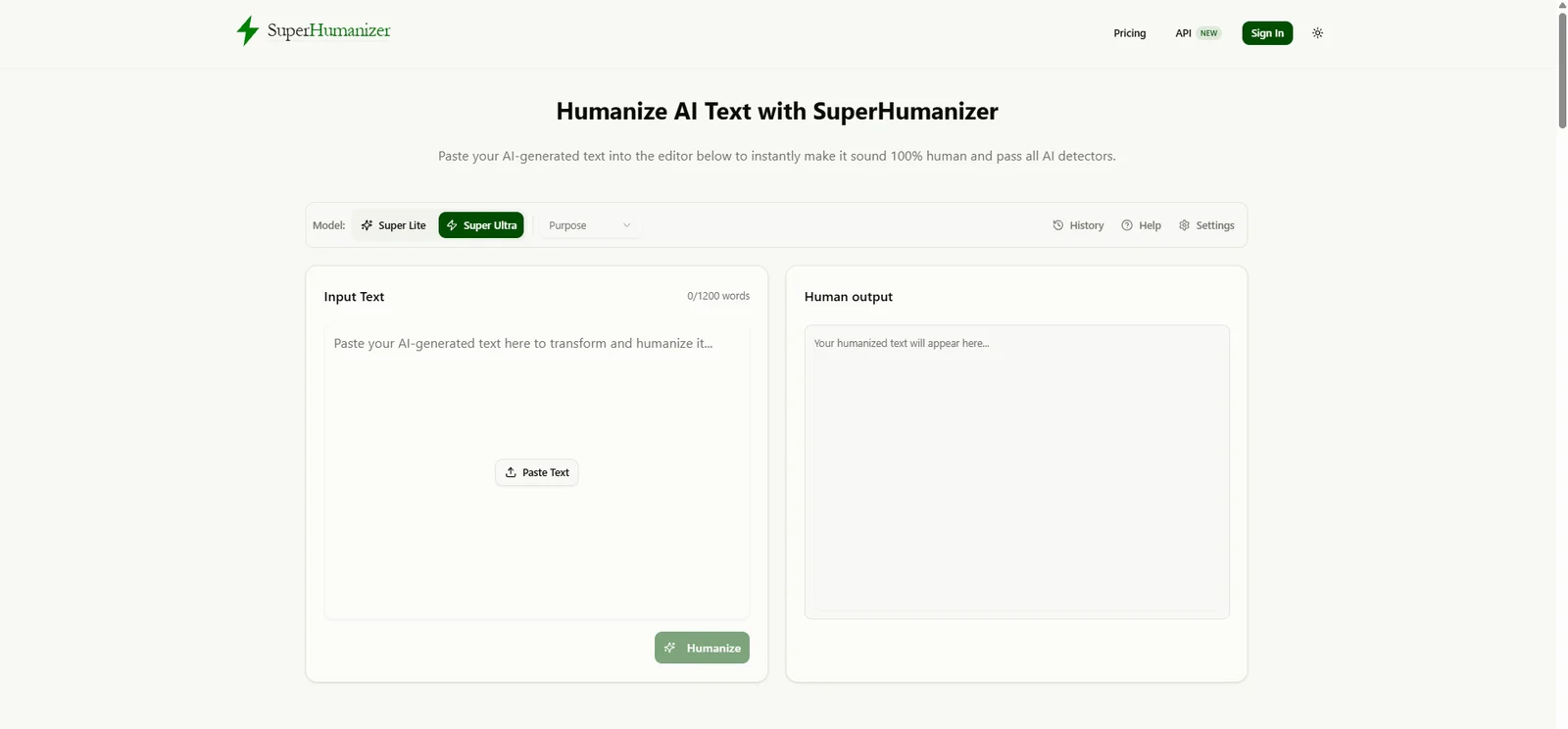 SuperHumanizer's page, with the Super Lite and Super Ultra options, a purpose menu and the input and output boxes