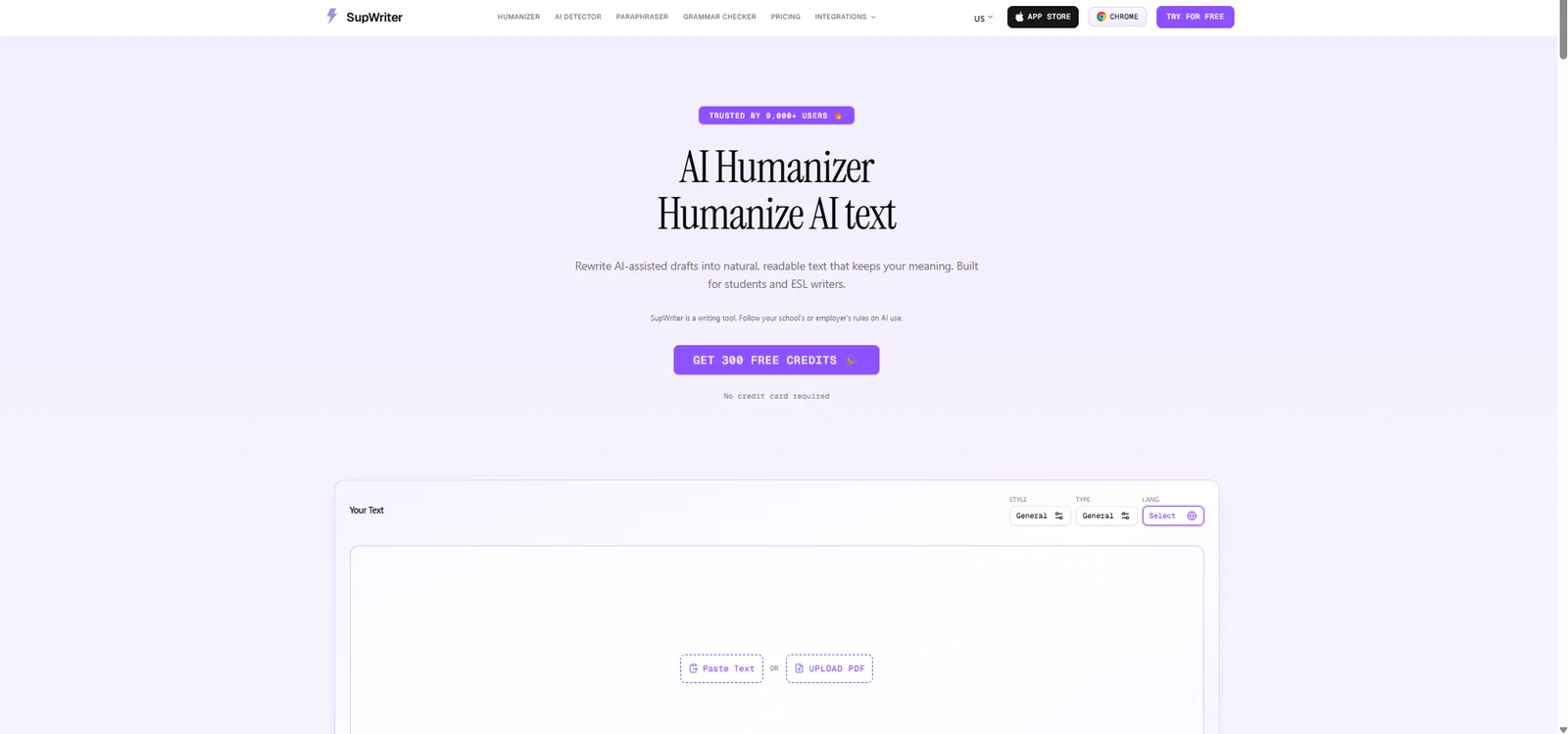 SupWriter's AI Humanizer page, with a free-credits offer, rewrite settings and a text box