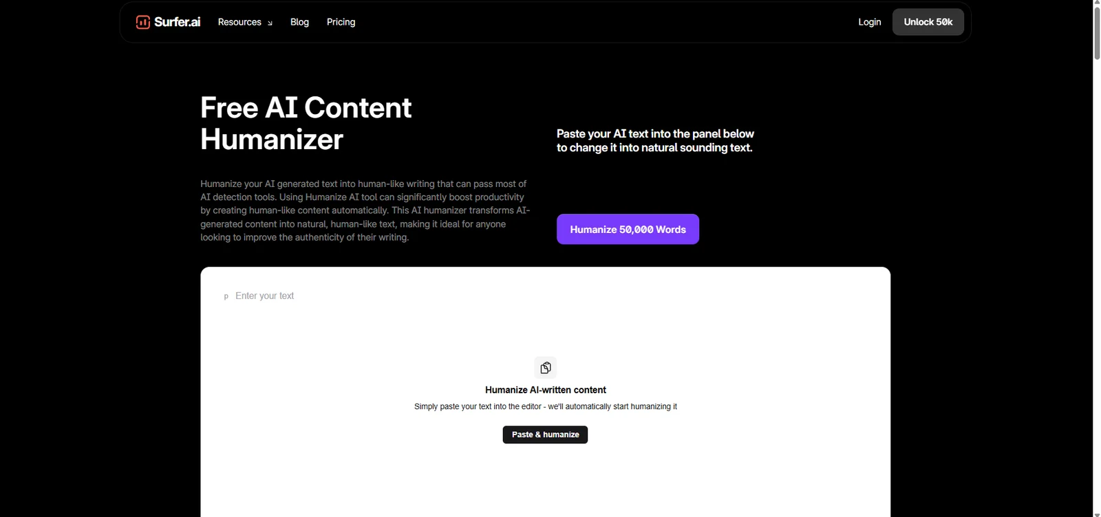 Surfer's Free AI Content Humanizer page, with a text box and a Paste & humanize button