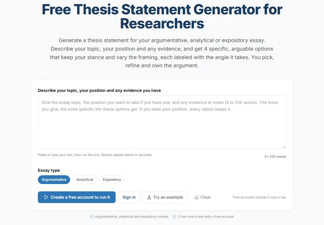 ProofreaderPro.ai thesis statement generator, with a box for your topic, position and evidence and a choice of argumentative, analytical or expository