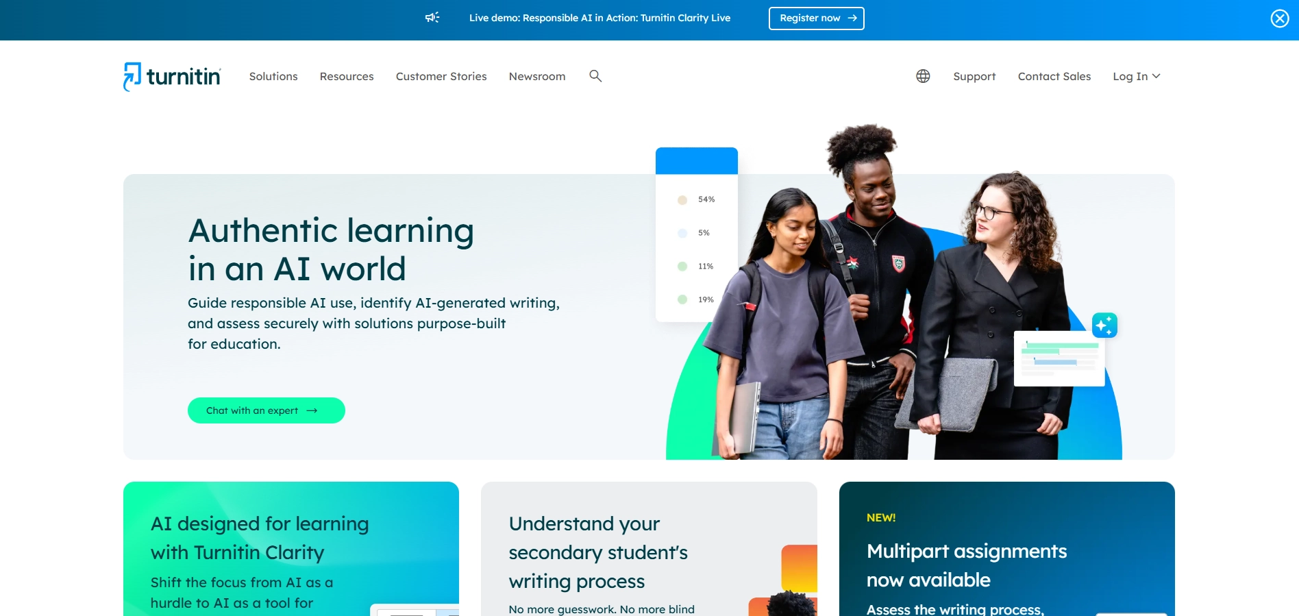 Turnitin homepage जिस पर authentic learning in an AI world लिखा है, और education के लिए AI generated writing पहचानने वाले tools दिए गए हैं