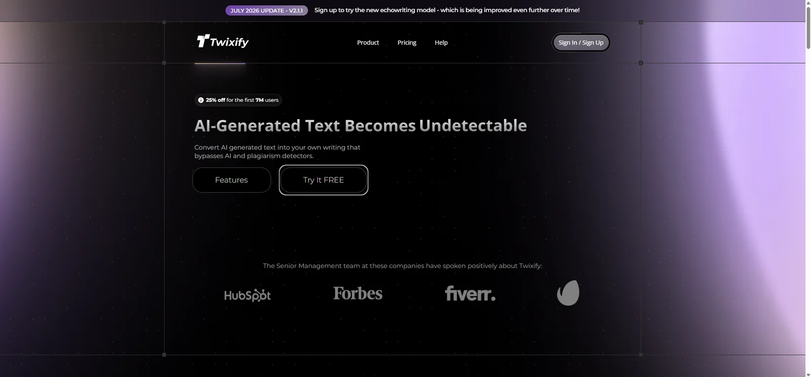 Twixify's homepage, with its main headline, a Features link and a Try It Free button