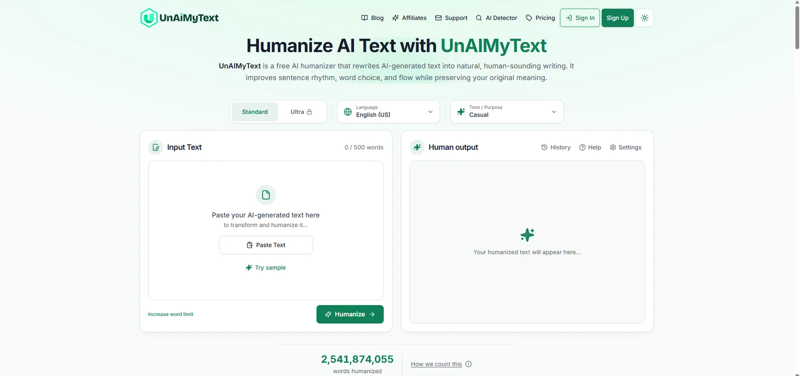 UnAIMyText's humanizer page, with Standard and Ultra modes, language and tone menus and the input and output boxes